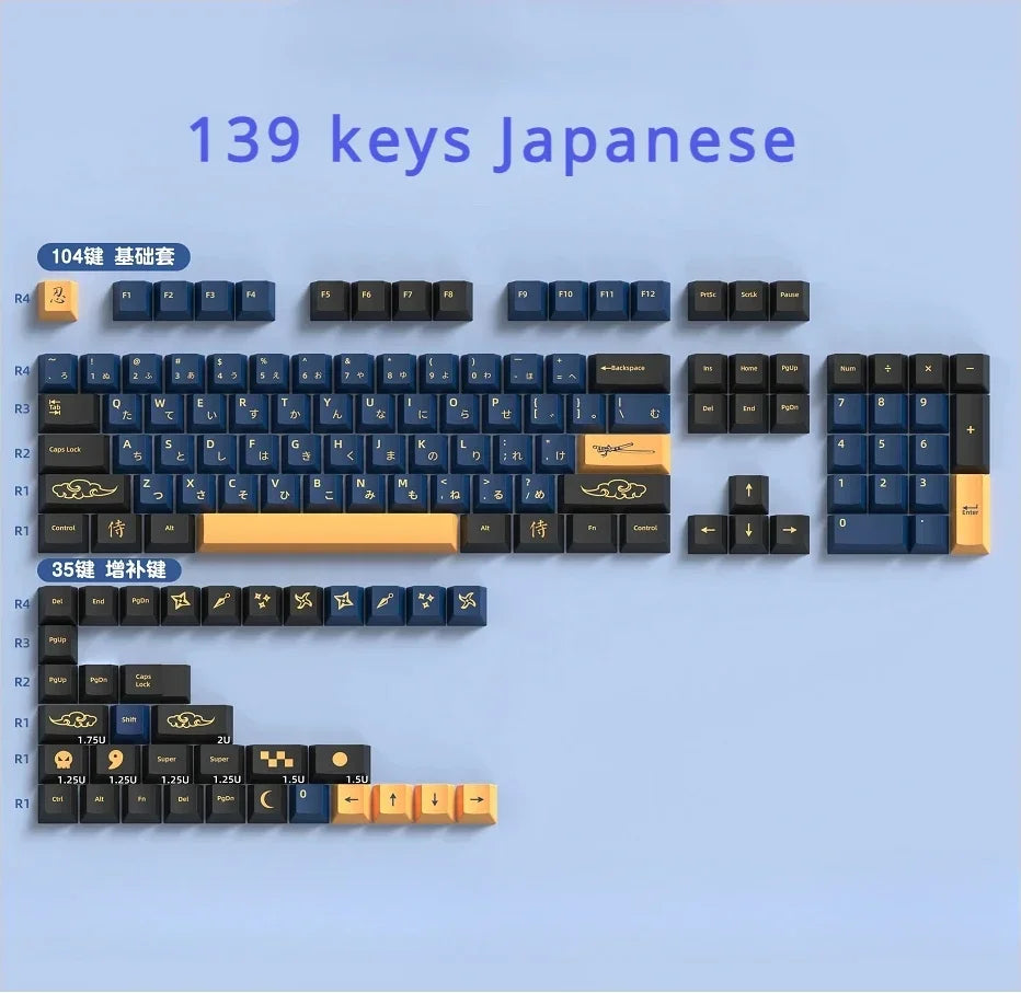Red Blue Samuel Cherry Keycaps PBT Samurai Theme 139/156 Keys for MX Switch 60/84/90/104/108 Mechanical Keyboards