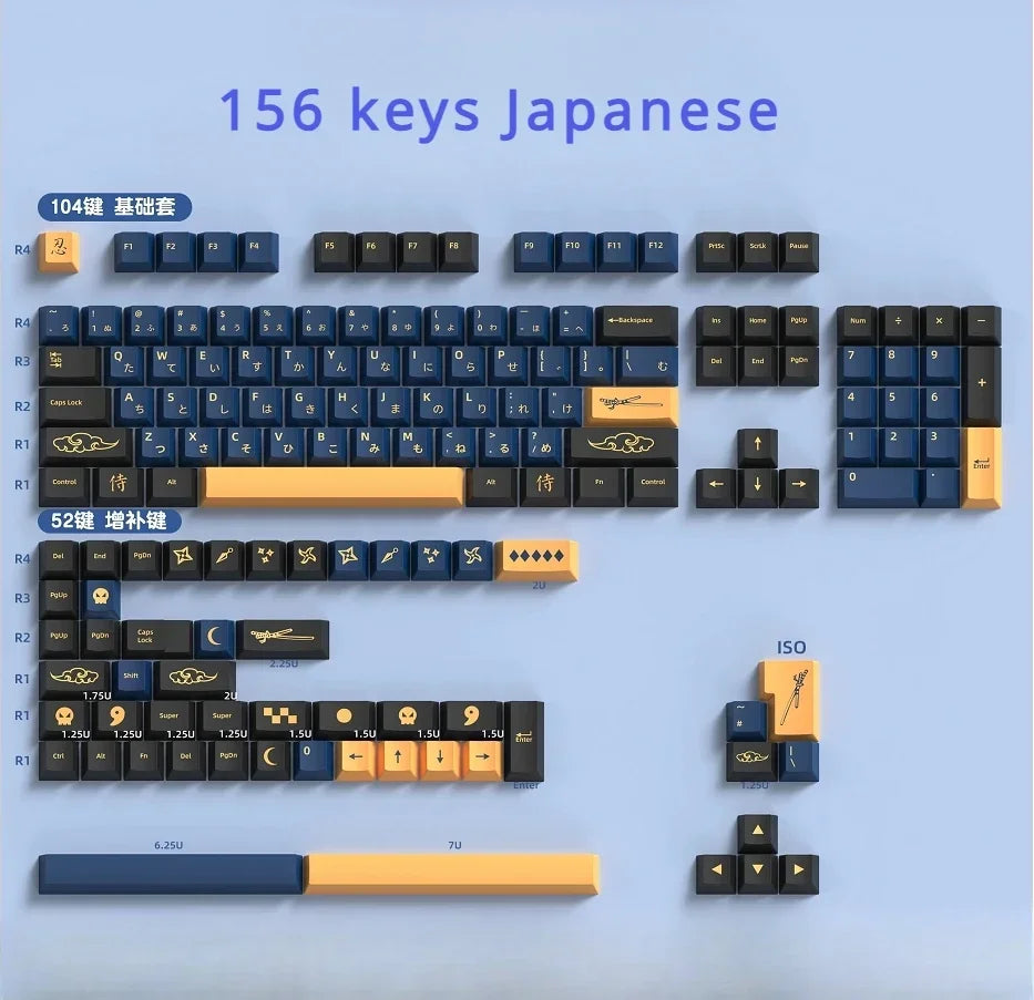 Red Blue Samuel Cherry Keycaps PBT Samurai Theme 139/156 Keys for MX Switch 60/84/90/104/108 Mechanical Keyboards
