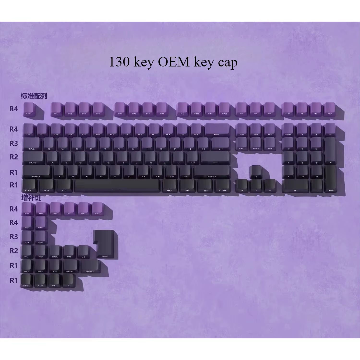 Black Purple Side Engraved Translucent OEM Keycaps 130 Keys PBT Small Full Set Keycaps for 60/64/84/98/108 Mechanical Keyboards