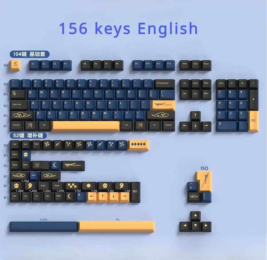 Red Blue Samuel Cherry Keycaps PBT Samurai Theme 139/156 Keys for MX Switch 60/84/90/104/108 Mechanical Keyboards