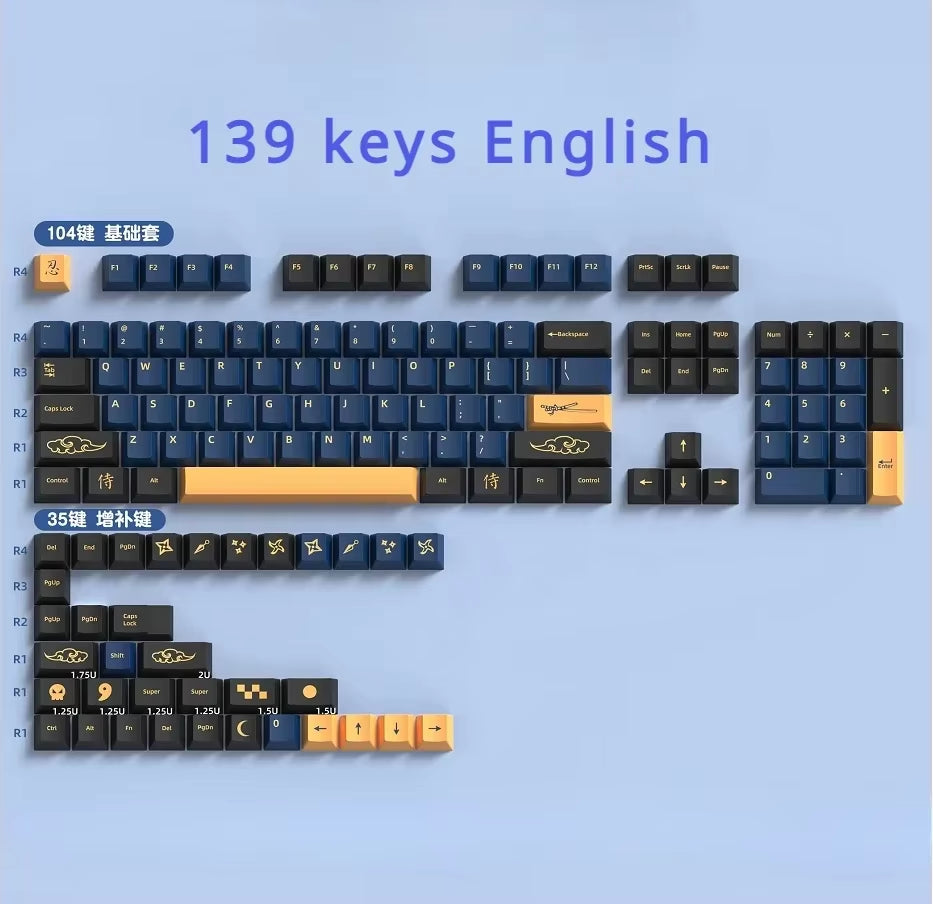 Red Blue Samuel Cherry Keycaps PBT Samurai Theme 139/156 Keys for MX Switch 60/84/90/104/108 Mechanical Keyboards